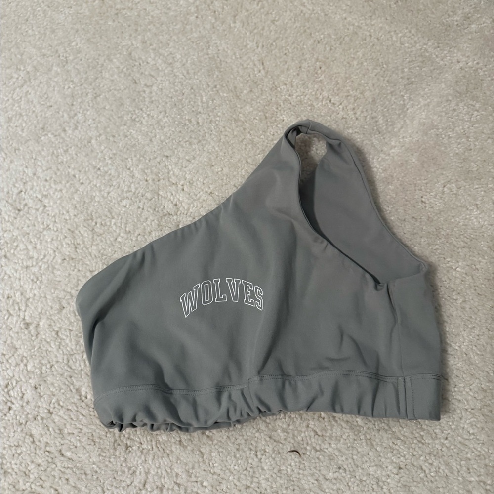 Green One-Shoulder Sports Bra with "WOLVES" Print